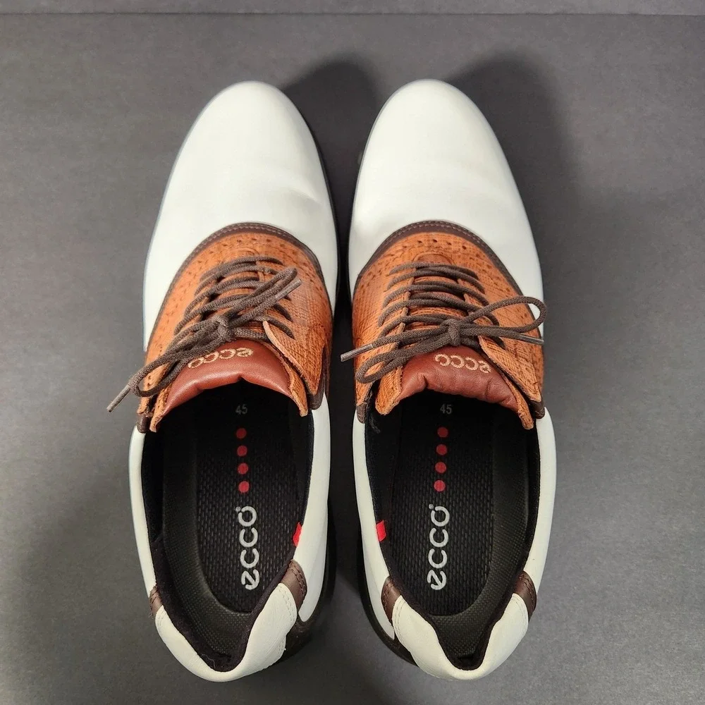 ECCO Golf Shoes Mens 11-11.5 White Brown Gore-Tex Leather Spiked Cleats Wingtip